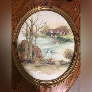 Gold Tone plastic Vintage Oval Lake scene Picture Frame, 16”